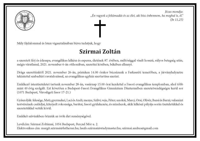 Szirmai Zoltan gyaszjelentese