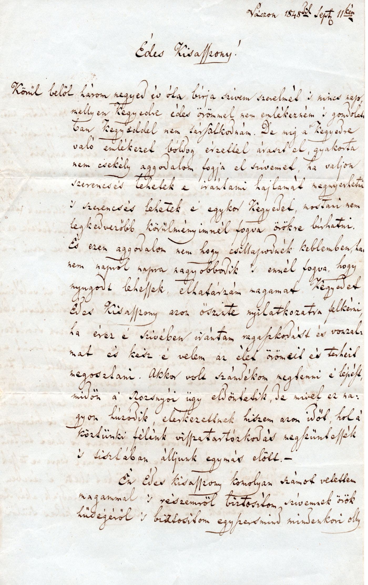 Czékus István levele későbbi feleségének (Vác, 1848. szeptember 11.)