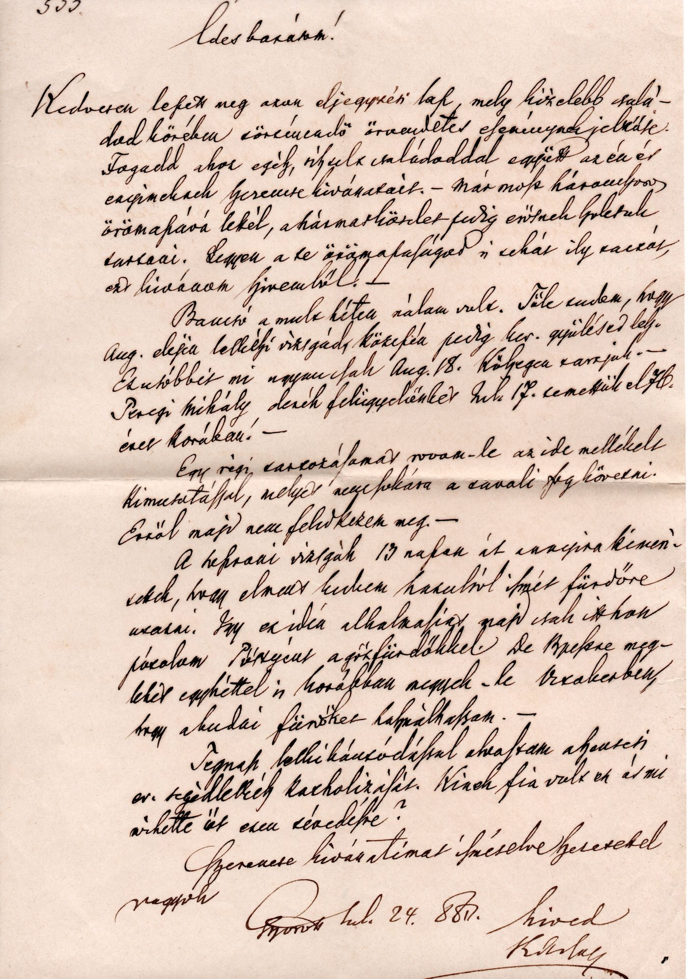 Karsay Sándor levele Czékus Istvánhoz (Győr, 1880. július 24.)