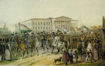 A követválasztásra eljött kortesek díszmenete Pesten 1847. október 17-én